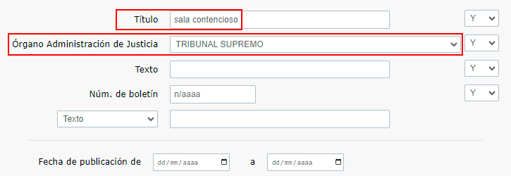 Escribir SALA CONTENCIOSO en el campo 'Título' y seleccionar TRIBUNAL SUPREMO en el desplegable 'Órgano Administración de Justicia'