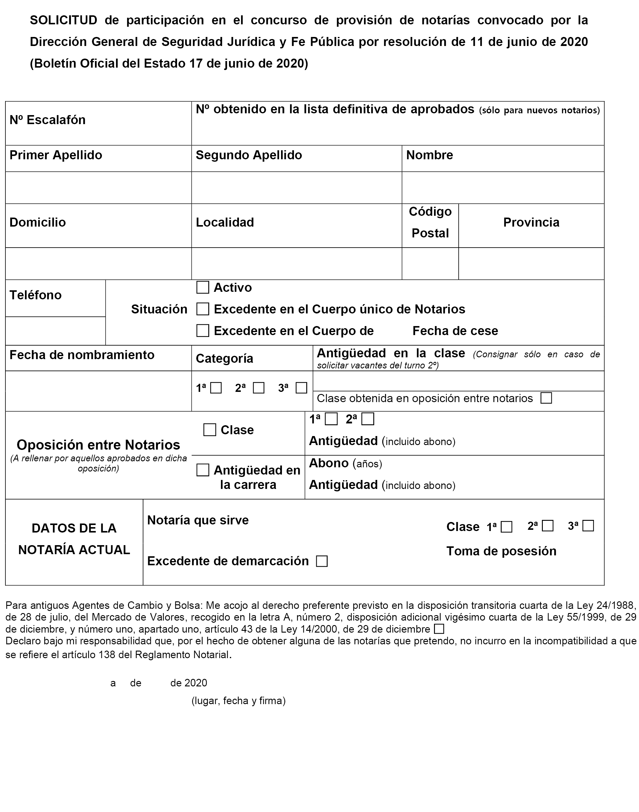 BOE.es - BOE-A-2020-6257 Resolución de 11 de junio de 2020, de la Dirección  General de Seguridad Jurídica y Fe Pública, por la que se convoca concurso  para la provisión de notarías vacantes.