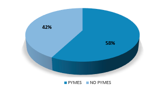 Total contratos. PYMES 58%. No PYMES 42%